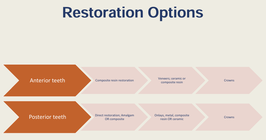 <p><u>Anterior teeth:</u> Composite resin resto, veneer, crowns</p><p><u>Posterior teeth:</u> direct resto/amalgam/com, onlays, Crowns</p>