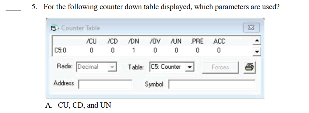 <p>___ 5. For the following counter down table displayed, which parameters are used?</p><p></p><p>A. CU, CD, and UN</p><p>B. CD, DN, and UN</p><p>C. CU, CD, and OV</p><p>D. CD, DN, and OV</p><p></p><p></p>