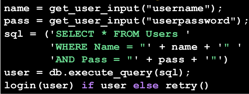 <p>Common software vulnerability in which a hacker inputs a malicious SQL statement into a user field, causing the system to run that statement. Violates confidentiality and integrity (may disrupt availability too).</p><p></p><p>We solve this issue with prepared statements and parametrized queries, which essentially use placeholder values for user input within the statement.</p>