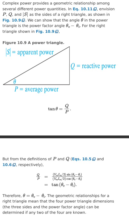 <ul><li><p>|S| is the hypotenuse</p></li><li><p>P and Q are the sides of the triangle</p></li><li><p>θ is the angle between |S| and P</p></li><li><p>θ = θv - θi </p></li></ul><p></p>