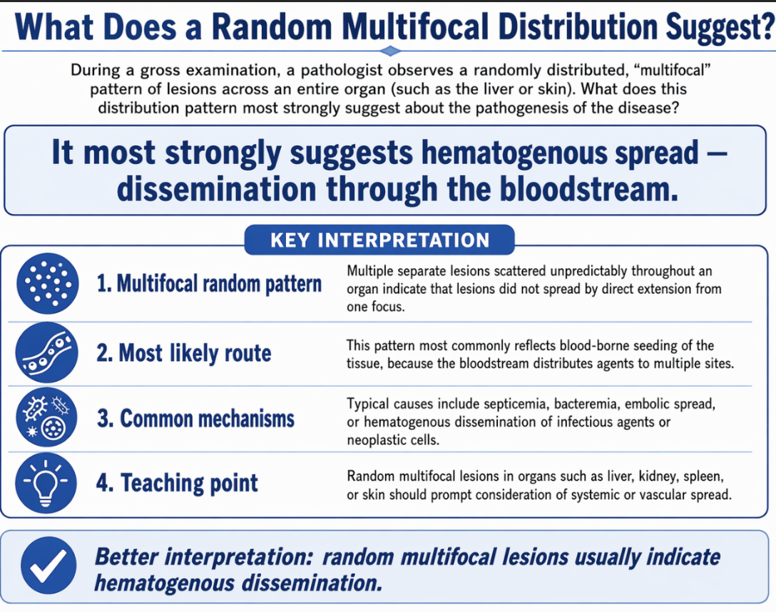 <p><span>Correct Answer: A. </span></p><p><span>A multifocal, random distribution pattern generally implies that the disease-causing stimulus (such as bacterial sepsis, viral pox, or cancer metastasis) spread systemically and arrived in the tissue via the bloodstream.</span></p>