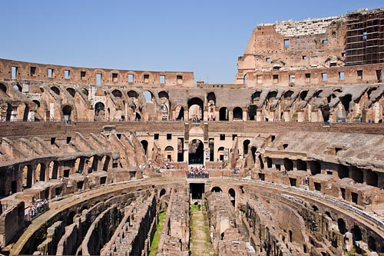 <p><span>• An amphitheater (Roman invention), 2 semi-circular theaters enclosing an oval arena; movable sun cover</span></p><p><span>• Begun by Emperor Vespasian (69-79) and finished in 80 by Titus</span></p><p>• <span>Name = a giant (“colossal”) statue of Nero that’s in front, has since vanished</span></p><p><span>• Example of Roman public works</span></p><p><span>• Performances: gladiator fights, man-beast struggles; inauguration: staged naval battle with 3,000 participants, arena flooded on purpose</span></p>
