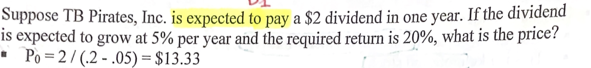 <p>Why is the growth rate (g) not applied in the $2 dividend in the problem above?</p>