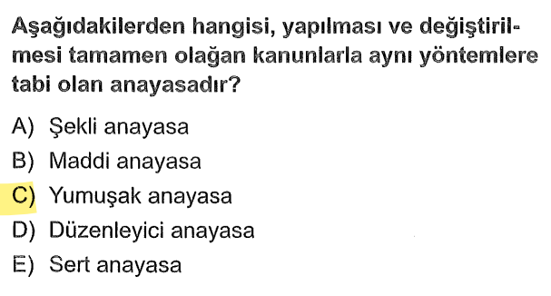 <p>Değiştirilmesi normal kanunlar kadar kolay ve zahmetsiz olan kurallar bütününe yumuşak anayasa denir.</p>
