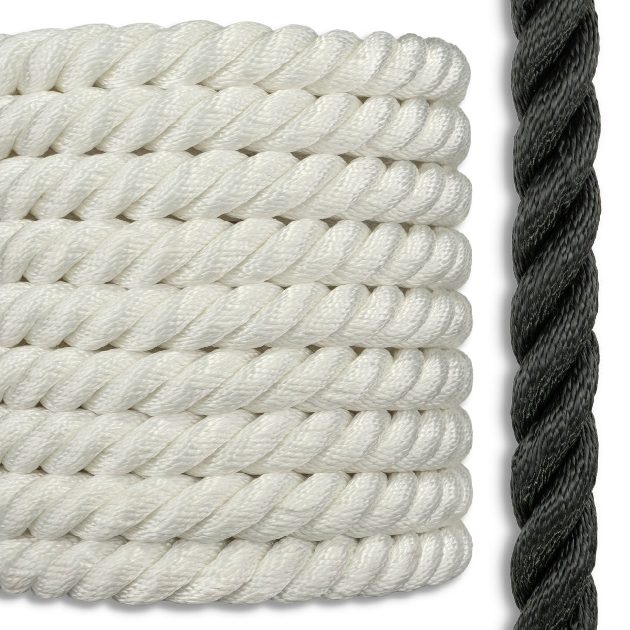 <p>Synthetic rope made as twisted or braided construction, stronger than polypropylene, durable for heavy-duty applications but not suitable for hand braiding.</p>