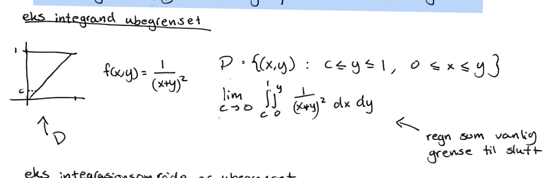 <ol><li><p>setter opp et dobbeltintegral, men setter inn et variabel for problemområdet. </p></li><li><p>ser så hva som skjer når lim går mot problemområdet</p></li></ol><p></p>