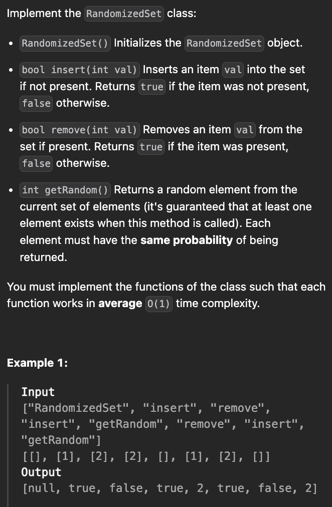 <p><strong>Insert Delete GetRandom O(1)</strong> (LC380)</p>