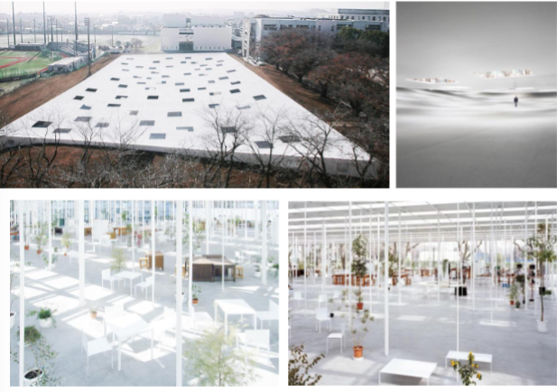 <p>Plaza - hides structure, few vertical structural elements</p><p>Workshop - shows structure, many vertical structural elements</p>