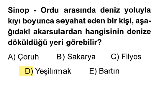 <p>Sinop ve Ordu arasında Samsun bulunur. Yeşilırmak, Samsun’un Çarşamba ilçesinden denize dökülür. Çoruh (Artvin), Sakarya (Sakarya/Adapazarı), Filyos (Zonguldak), Bartın (Bartın) rotanın dışındadır.</p>