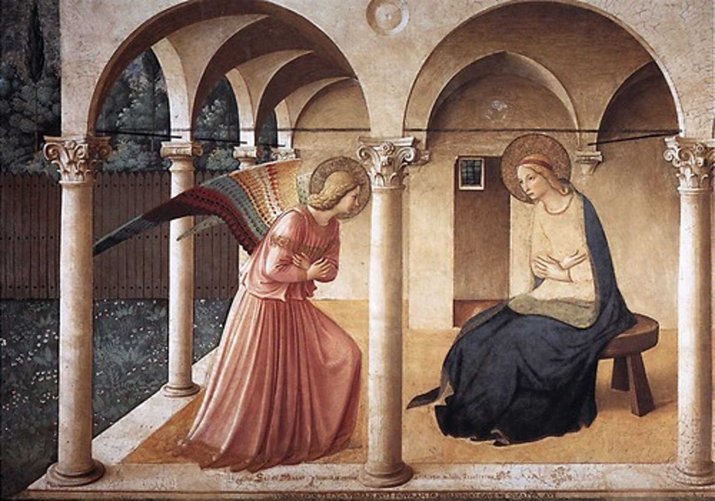 <p>- commissioned by Cosimo d' Medici</p><p>- medium: tempera</p><p>- rounded arches</p><p>- subtle chiaroscuro (light is illuminating from behind angel Gabriel)</p><p>- single-point perspective </p><p>"transition out of the gothic style"</p>