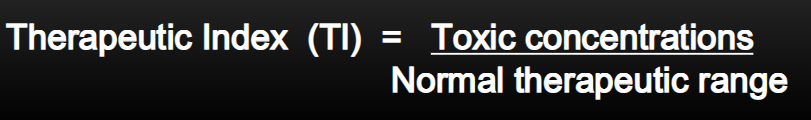 <ul><li><p>Wide - toxic concs to be high and normal to be low</p></li><li><p>Narrow - levels are close together. High risk of toxicity</p></li></ul><p></p>