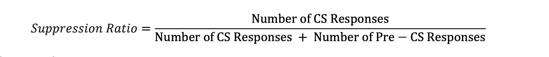 <p> Generally, varies between 0 and 0.5 (lower numbers = more suppression)  0.5 = bar pressing during the CS is the same as the pre-CS period  0 = bar pressing during the CS has completely stopped (maximum fear)</p>