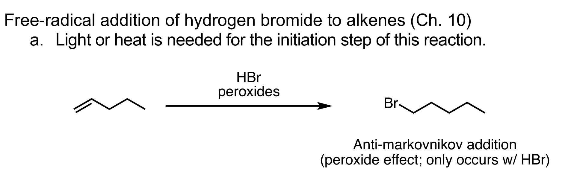 <p>Free-radical addition of hydrogen bromide to alkenes </p>