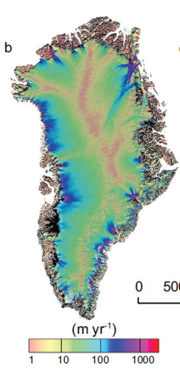 <p>Flows of ice in Greenland ice sheet:</p>