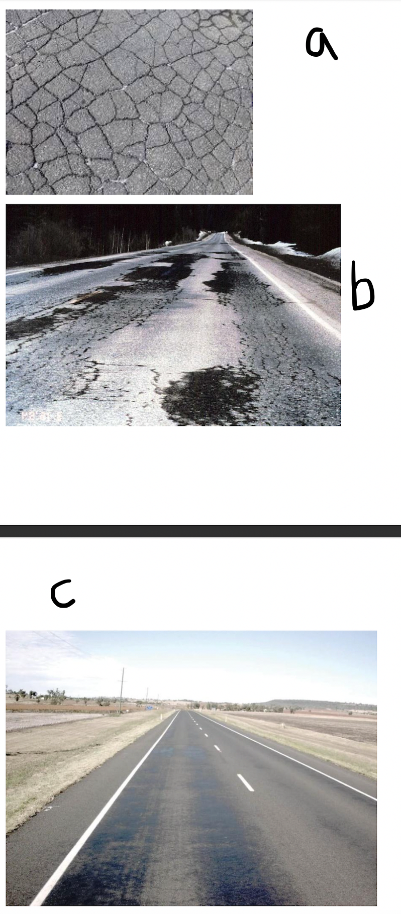 <p><span>Identify the following pavement distresses. Mention the likely cause and suggest one remedial measure for each.</span></p>