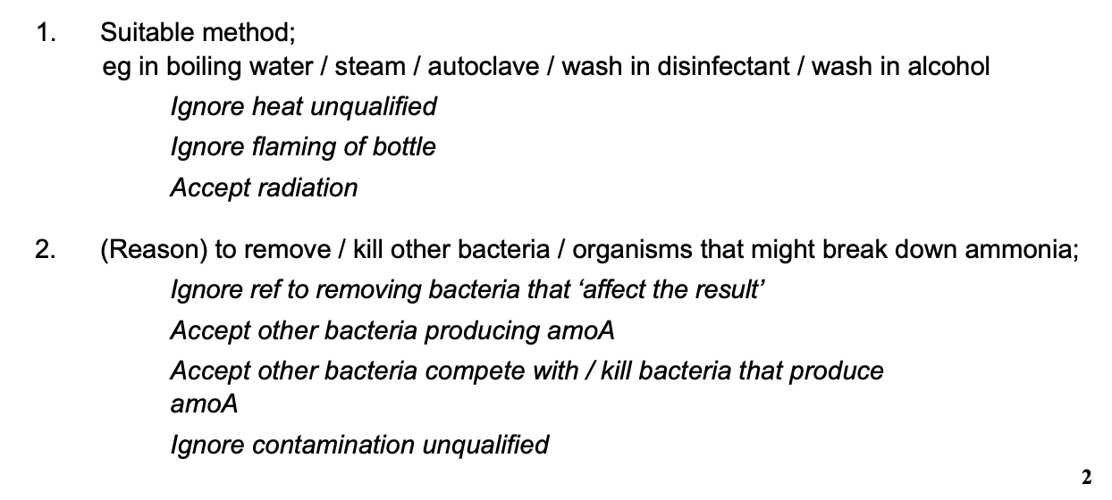 <ul><li><p>boiling water/steam/autoclave/wash in disinfectant/wash in alcohol</p></li><li><p>to remove/kill other bacteria/organisms that might break down ammonia</p></li><li><p>(not flaming the neck - we want to sterilise the whole bottle) </p></li></ul><p></p>