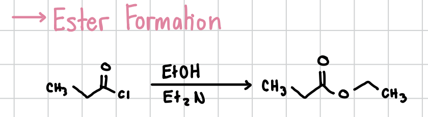 <p>An ester can be formed through an acyl chloride. Attached to the oxygen will be an ethyl methyl (-CH2CH3). </p><p>Reagents: Acyl chloride + EtOH, Et2N </p>