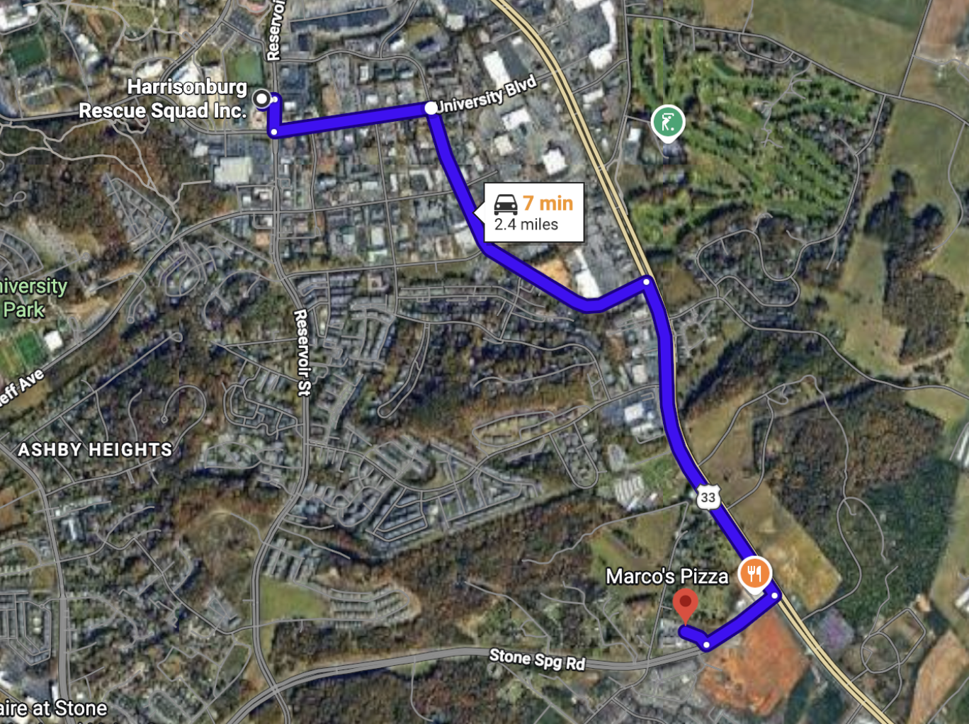 <ol><li><p>right on reservior st</p></li><li><p>left on stone springs rd </p></li><li><p>left on boyers rd </p></li><li><p>right onto parking </p></li></ol><p></p>