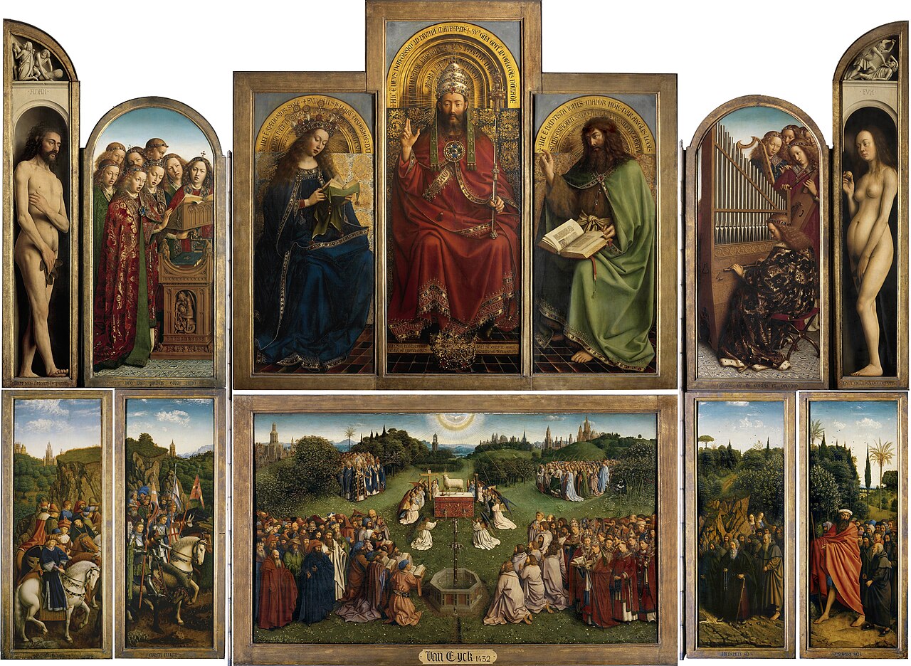 <ul><li><p>Consists of a landscape and 16 portrait panels, covering over 1,000 square feet, the first oil painting on such a scale</p></li><li><p>He completed the work after the latter namesake’s death</p></li><li><p>Includes “The Adoration of the Lamb”</p></li></ul><p></p>