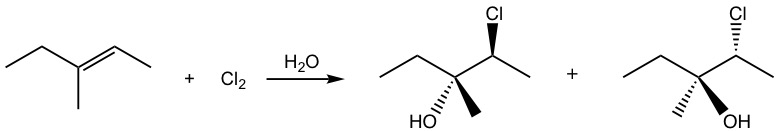 <p>it adds OH to the more substituted carbon in the double bond and Cl to the less substituted one</p>