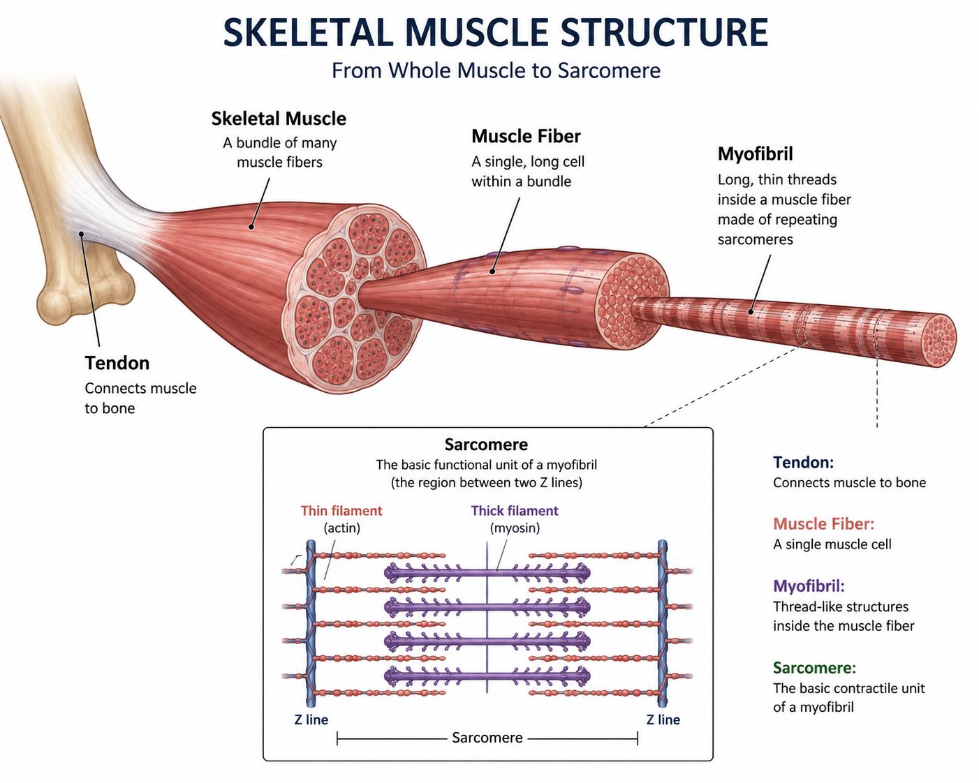 <p>Tendon → connects muscle to bone</p><p>Muscle Fiber → A single, long cell within a bundle</p><p>Myofibril → Long, thin threads inside a muscle fiber made of repeating sarcomeres</p><p>Sarcomere → the basic functional unit of a myofibril (the region between the two Z lines)</p>