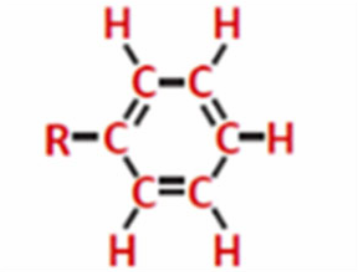 <p>hexagon shape with alternating single and double bonds attached to rest of molecule</p>