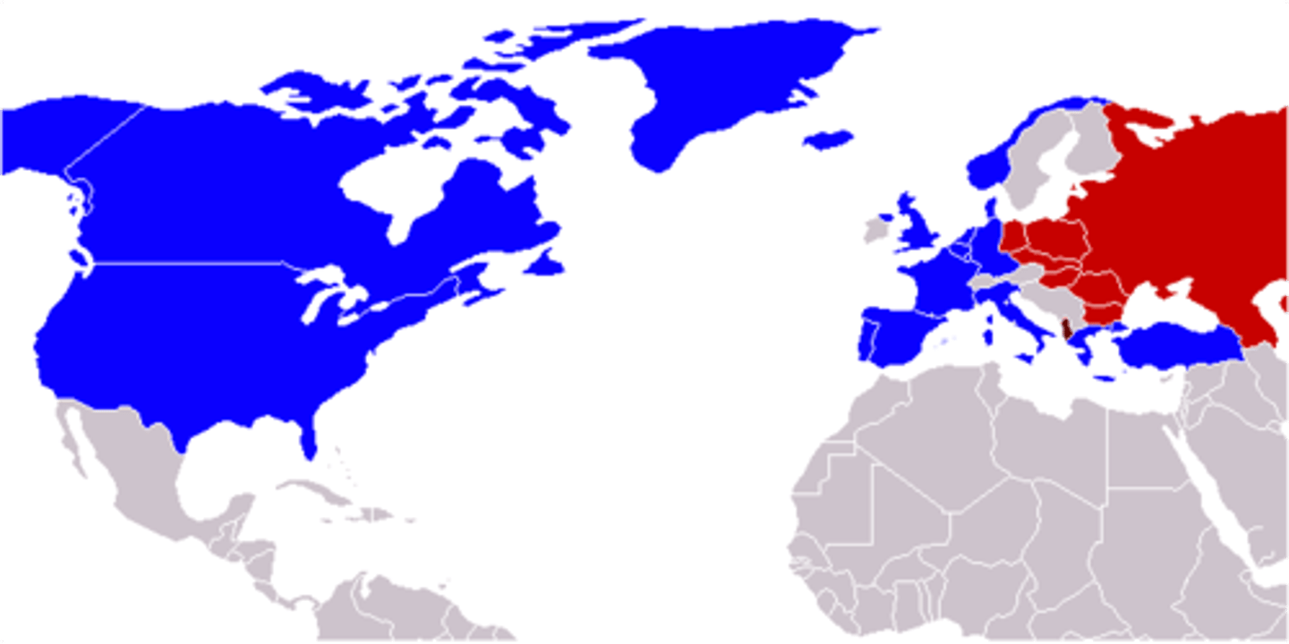 <p>- North Atlantic Treaty Organization</p><p>- The United States, Canada and Western Europe agree to defend each other if attacked by the Soviet Union</p>