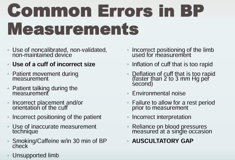 <ul><li><p>Use of a cuff of incorrect size</p></li><li><p>Auscultatory Gap</p></li></ul><p></p>
