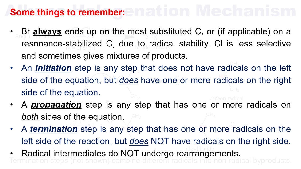 <p>Br is always on ther most stable radical, whereas Cl is not, and sometimes may be anywhere </p>