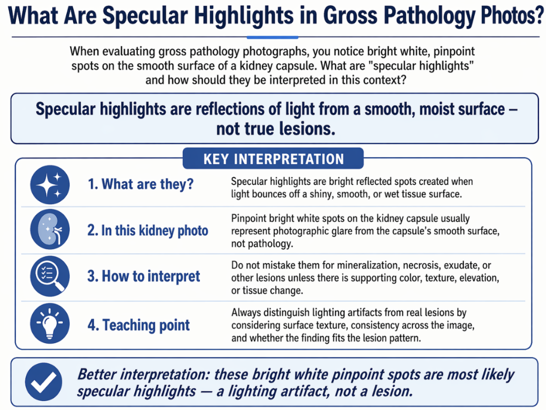 <p><span>Correct Answer: C. </span></p><p><span>Specular highlights are bright white areas (RGB 255) caused by the reflection of a light source (like a camera flash or room lights) off smooth, wet, or shiny surfaces (like serosae or a renal capsule). They are photographic artifacts and must not be confused with true pathological changes. </span></p>