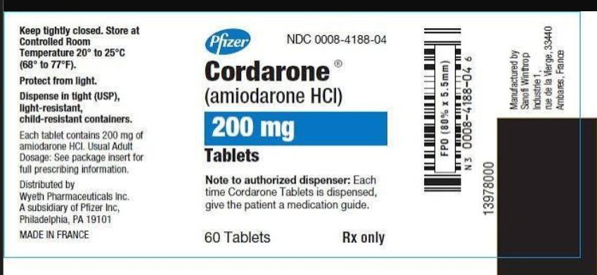 <p>Brand: Cordarone, Pacerone</p><p>Used for: Cardiology, Antiarrhythmic</p>
