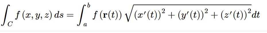 <p> of a function 𝑓 along a curve <em>C</em> with respect to arc length is the integral ∫𝐶𝑓𝑑𝑠, it is the integral of a scalar function 𝑓 along a curve in a plane or in space; such an integral is defined in terms of a Riemann sum, as is a single-variable integral</p>
