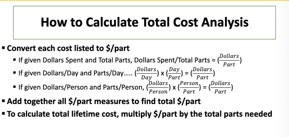 <ul><li><p>convert each cost listed to $/part</p><ul><li><p>if given dollars spent and total parts, dollars spent/total parts</p><ul><li><p>(dollars/part)</p></li></ul></li><li><p>if given dollars/day and parts/day</p><ul><li><p>dollars/day x day/part = dollars/part</p></li></ul></li><li><p>if given dollars/person and parts/person</p><ul><li><p>dollars/person x person/part = dollars/part</p></li></ul></li></ul></li><li><p>add together all $/part measures to find total $/part</p></li><li><p>to calculate total lifetime cost, multiply $/part by the total parts needed</p></li></ul><p></p>