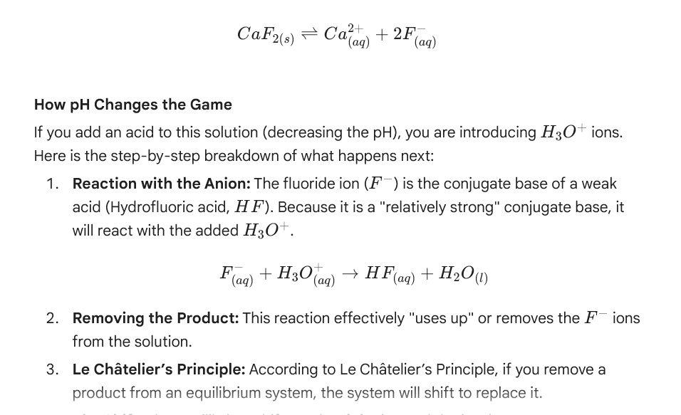 <p><span style="background-color: transparent;">If the anion is a weak acid’s conjugate base, it reacts with H₃O⁺ → removes ion → shifts right → <strong>increases solubility</strong>.</span></p>