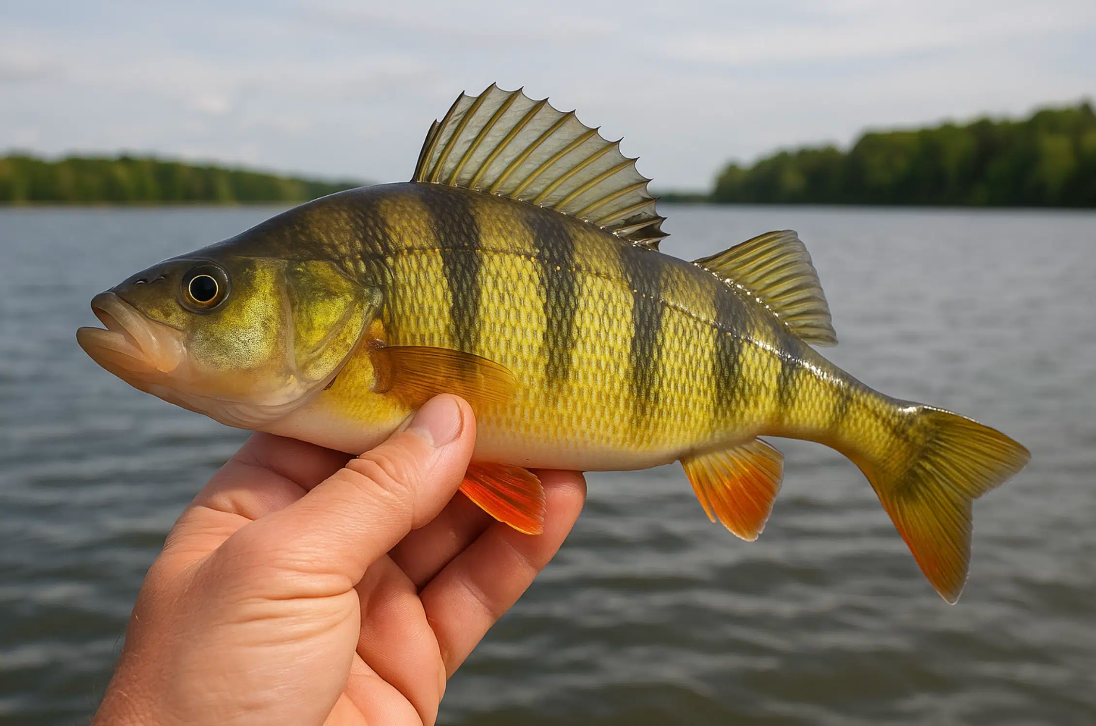 <p>Tiger striped and two distinct dorsal fins. </p>
