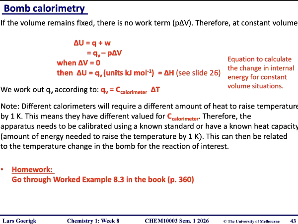 <p>heat capacity is specific to calorimeter (eg. CF) and bc constant volume → Delta U = Delta H</p>