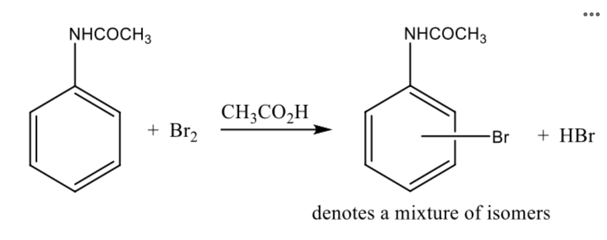 <p><span>The scheme for the bromination of acetanilide is shown below. Based on the directing-group effect of the amide group, which isomer(s) </span><u>could</u><span> theoretically be formed in this reaction?</span></p>