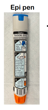 <ul><li><p>Recognize that patient is experiencing a severe allergic reaction</p><p></p></li><li><p>Hold the EpiPen with the orange tip (where the needle is) pointing downward and the blue safety cap pointing up.</p><p></p></li><li><p>Remember this phrase: Blue to the sky, orange to the thigh</p><p></p></li><li><p>Remove the blue safety cap.</p><p></p></li><li><p>Pull straight up on it.</p><p></p></li><li><p>Do not bend or twist it</p><p></p></li><li><p>Place the orange tip against the middle of the outer thigh.</p><p></p></li><li><p>Using a slight swing, jab the auto-injector into the thigh until you hear the device click</p></li></ul><p></p><ul><li><p>Hold the EpiPen firmly in place for three seconds.</p><p></p></li><li><p>Count slowly</p><p></p></li><li><p>Activate emergency response</p></li></ul><p></p>