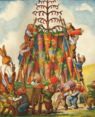 <p>The rabbits help the gnomes to harvest the cones.</p>