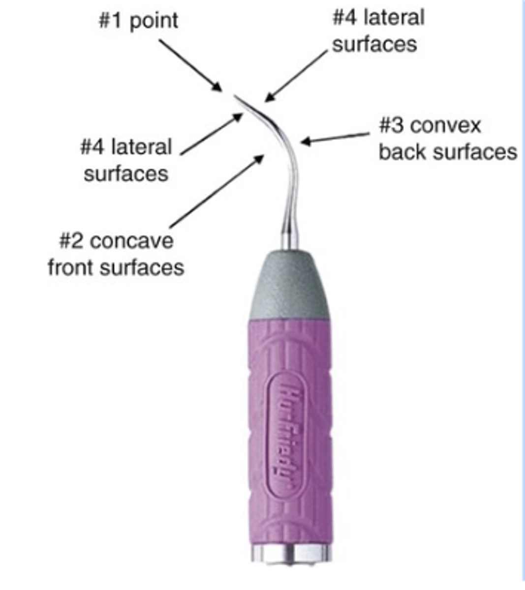 <p>- point is the most powerful surface.</p><p>- concave surface (inner surface) is the second most powerful area</p><p>- convex (back) surface is third</p><p>- The least amount of energy is on the sides of the insert</p>