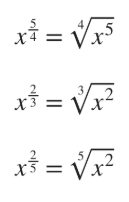 <p>breaking fractional exponents down into roots: the numerator becomes the value under the root and the denominator becomes the root</p>