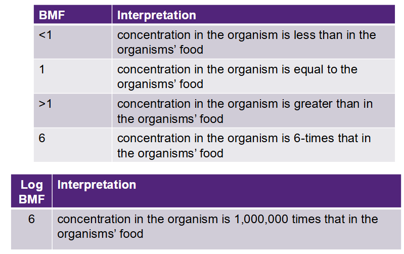 <p>The ratio of a chemical in the organism to the concentration in the food once equilibrium has been reached or after a specified duration:</p><p>BMF = C<sub>organism</sub>/C<sub>food</sub></p><p></p><p><span style="color: rgb(255, 0, 0);">*</span>BMF values are often large and presented as log BMF values</p>