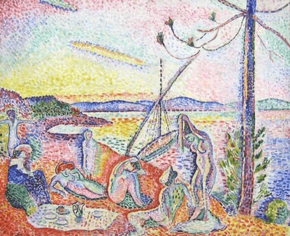 <p>“Luxe, Calme et Volupté” (1904) d'Henry Matisse.</p><p class="has-focus">Elle est considérée comme l’une des toutes premières manifestations du Fauvisme.</p><p class="has-focus">Son titre est tiré du poème “L’Invitation au voyage” (1857) de Charles Baudelaire.</p><p class="has-focus">Il s’inspire ici des “Trois Baigneuses” de Paul Cezanne.</p>