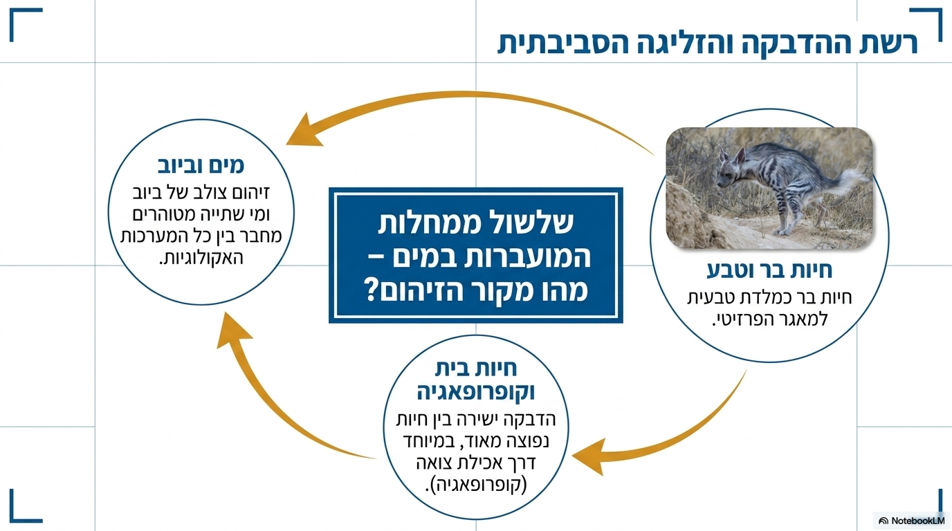 <ul><li><p><strong>מקורות זיהום המים:</strong> מים מזוהמים מביוב ומים מטוהרים, הפרשות של חיות בר והפרשות של חיות בית.</p></li><li><p><strong>העברה בין חיות:</strong> הדבקה באמצעות המים או באמצעות קופרופגיה (אכילת צואה) הנפוצה מאוד בין בעלי חיים.</p></li><li><p><strong>אפידמיולוגיה מולקולרית:</strong> שימוש בבדיקת <strong>פי.סי.אר מחקרי לגנים "ארוכים"</strong> המאפשרת לזהות תתי-מינים ספציפיים האופייניים לחיות שונות. על ידי זיהוי הגנים הייחודיים במאכסנים השונים, הווטרינר יכול לפענח <strong>מי הדביק את מי</strong></p></li></ul><p></p>