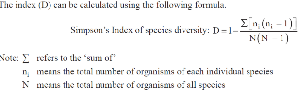 <p>Measures the diversity oof a community, ecosystem or study site. 0-1, closer to 1 indicates high diversity whereas closer to 0 indicates low diversity.</p>