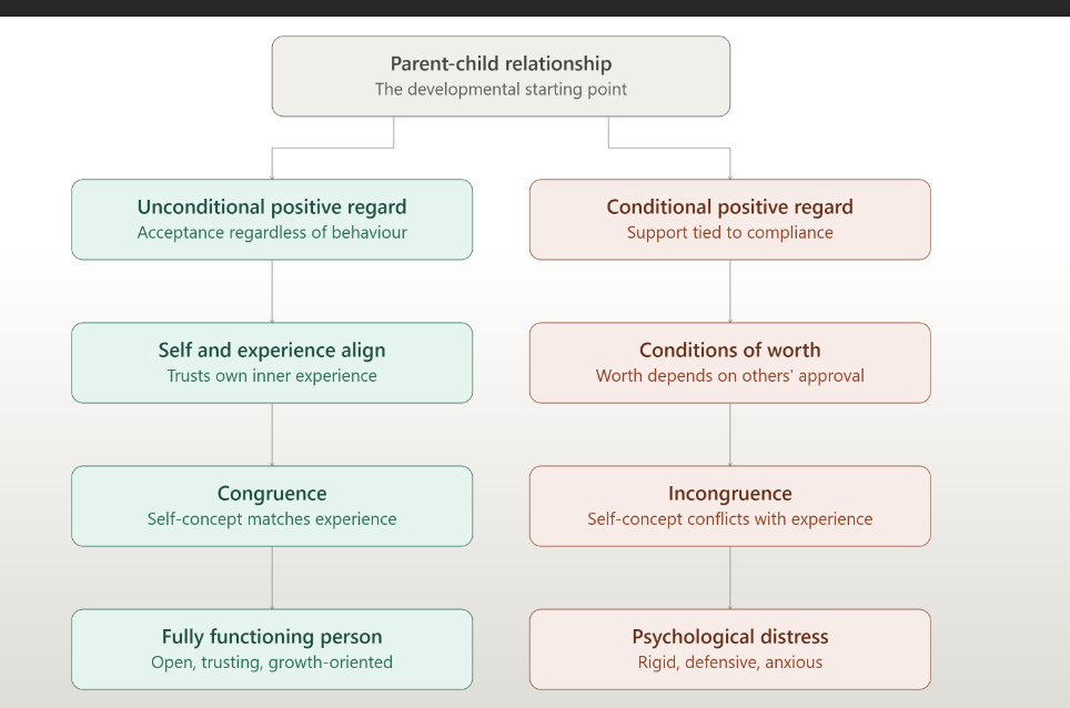 <p>Unconditional positive regard </p><ul><li><p>SELF and EXPERIENCE align </p></li><li><p>CONGRUENCE </p></li><li><p>FULLY functioning person </p></li></ul><p></p>