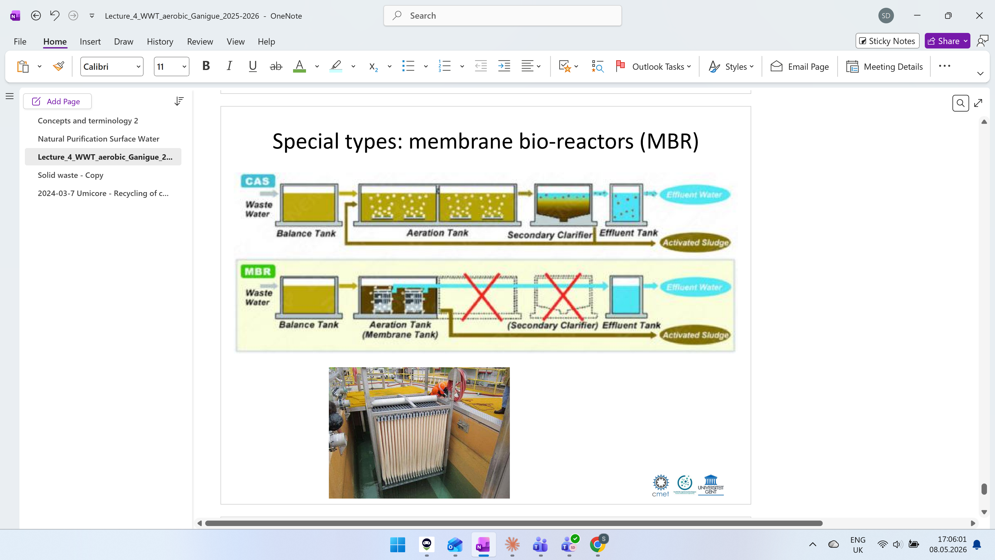 <p>MBR replaces the clarifier with a membrane filter inside the aeration tank → fewer tanks, cleaner water.</p><p><strong>Advantages</strong> </p><ul><li><p class="font-claude-response-body break-words whitespace-normal leading-[1.7]"><strong>Long sludge age possible</strong> — in conventional systems, if you keep sludge too long it overflows with the water. In MBR the membrane physically holds all sludge back, so you can have a very long SRT without losing biomass → less sludge produced</p></li><li><p class="font-claude-response-body break-words whitespace-normal leading-[1.7]"><strong>Almost complete disinfection</strong> — the membrane pores are so tiny that bacteria, viruses and pathogens physically cannot pass through → very clean effluent almost without extra disinfection steps</p></li><li><p class="font-claude-response-body break-words whitespace-normal leading-[1.7]"><strong>No setling issues, high density sludge can be used</strong> — in conventional systems thick sludge settles poorly (bulking). In MBR settling doesn't matter at all since the membrane does the separation → you can have much more concentrated biomass (you can add more bacteria)</p></li><li><p class="font-claude-response-body break-words whitespace-normal leading-[1.7]"><strong>Better system robustness</strong> — conventional systems can fail if sludge stops settling properly (bulking). MBR doesn't depend on settling at all → much more stable and reliable</p></li><li><p class="font-claude-response-body break-words whitespace-normal leading-[1.7]"><strong>Limited footprint</strong> — no clarifier needed → smaller total system</p></li></ul><p> </p><p><strong>Disadvantage </strong></p><p class="font-claude-response-body break-words whitespace-normal leading-[1.7]"><strong>COST - </strong>Membranes are expensive to buy, maintain and replace. <strong>MBR costs roughly double</strong> in every category compared to conventional system</p>