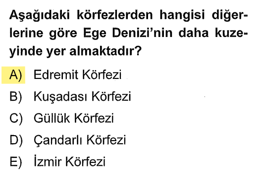 <p>Kuzeyden güneye sıralama şöyledir: Saros -> <strong>Edremit</strong> -> Çandarlı -> İzmir -> Kuşadası -> Güllük -> Gökova. Edremit, Kaz Dağları'nın eteğinde, en kuzeydeki büyük körfezlerden biridir.</p>