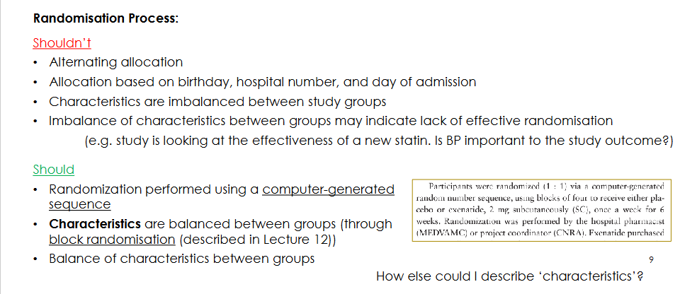 <p>- Alternating allocation.</p><p>- Allocation based on birthday.</p><p>- Allocation based on hospital number.</p><p>- Allocation based on day of admission.</p><p>These are predictable and may result in imbalanced study groups.</p>