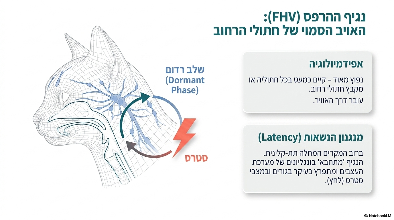 <ul><li><p><strong>נפוצות:</strong> נפוץ מאוד; המחלה קיימת למעשה בכל חתולייה או מקבץ של חתולי רחוב.</p></li><li><p><strong>נשאות שקטה (לטנטיות):</strong> ברוב המקרים מדובר במחלה תת-קלינית שקטה, שבה הווירוס <strong>"מתחבא" בתוך הגנגליונים</strong> של מערכת העצבים.</p></li><li><p><strong>התפרצות:</strong> המחלה מתפרצת בעיקר בגורים צעירים ובמצבי לחץ (<strong>סטרס</strong>).</p></li><li><p><strong>דרכי העברה:</strong> הווירוס עובר בעיקר <strong>דרך האוויר</strong> (אירוסול).</p></li></ul><p></p>